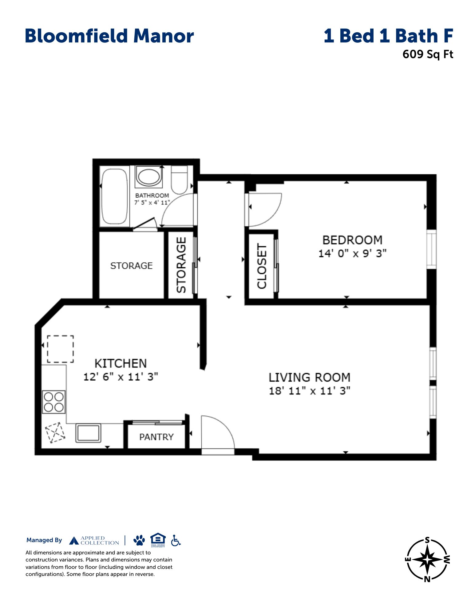 Floor plan for 1 bed, 1 bath, 609 sqft